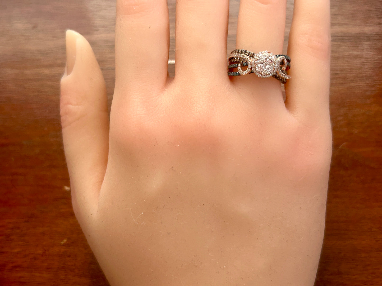 14k Rose Gold Blue Champagne White Diamond Scroll Design Pave Ring Sz 6.75