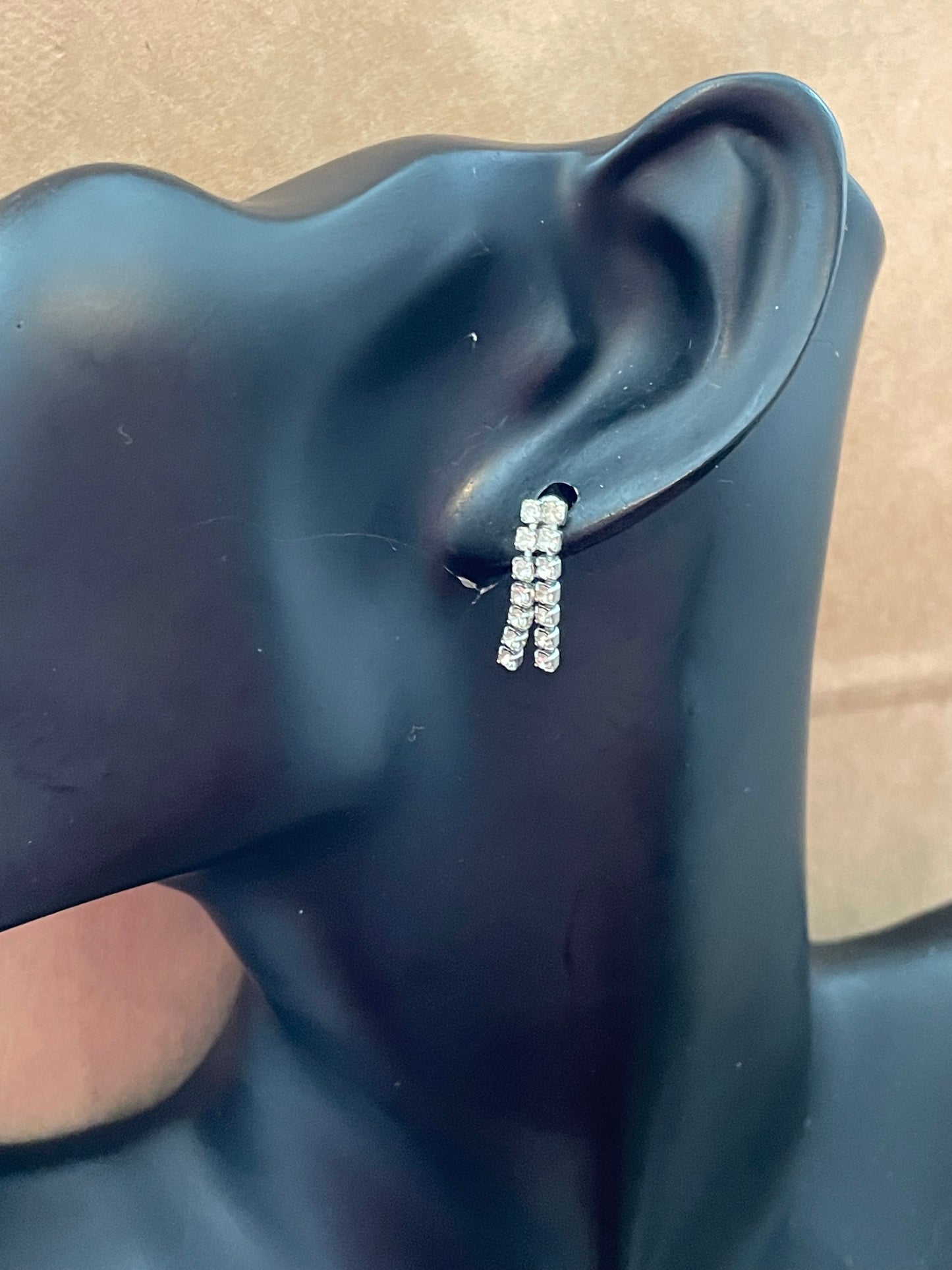 Vintage Silver Tone Dangle Earrings Clear Rhinestone Post Back