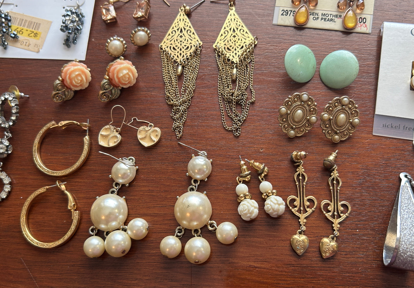 Pierced Earring Lot Chandelier Rhinestone Dangly Faux Pearl Gold Hoops Rose