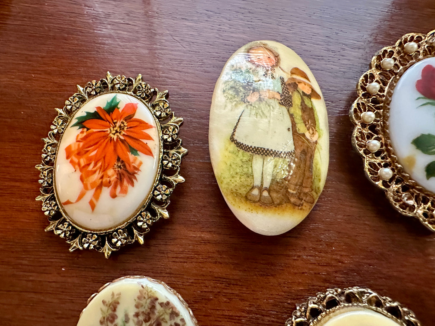 Vintage Victorian Style Portrait Regency Brooch Pin Lot Glass Painted Rose
