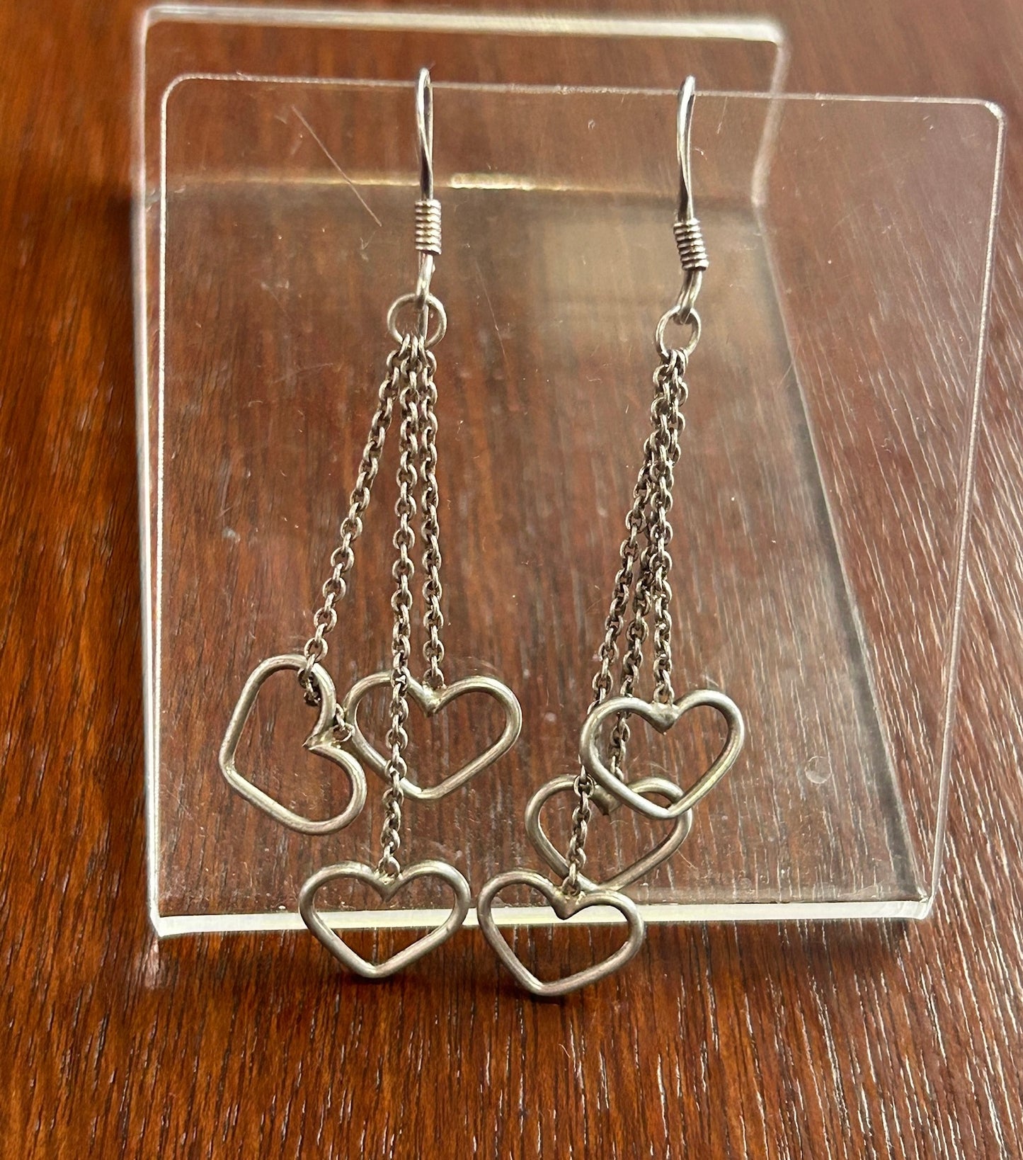 Sterling Silver 925 Dangly French Wire Cut Out Hearts Pierced Earrings