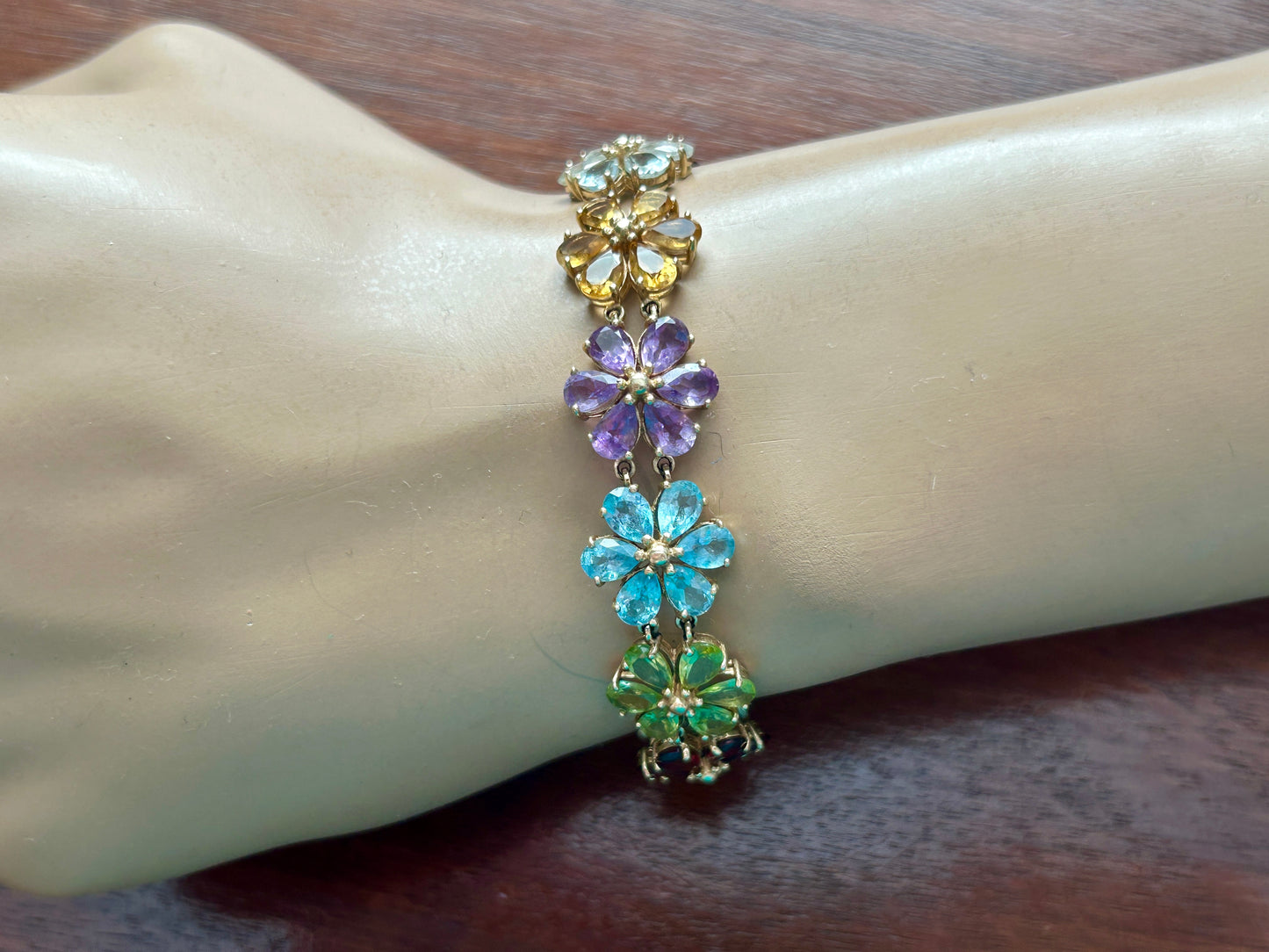 10k Yellow Gold Multicolor Gemstone Flower Tennis Bracelet MISSING STONES