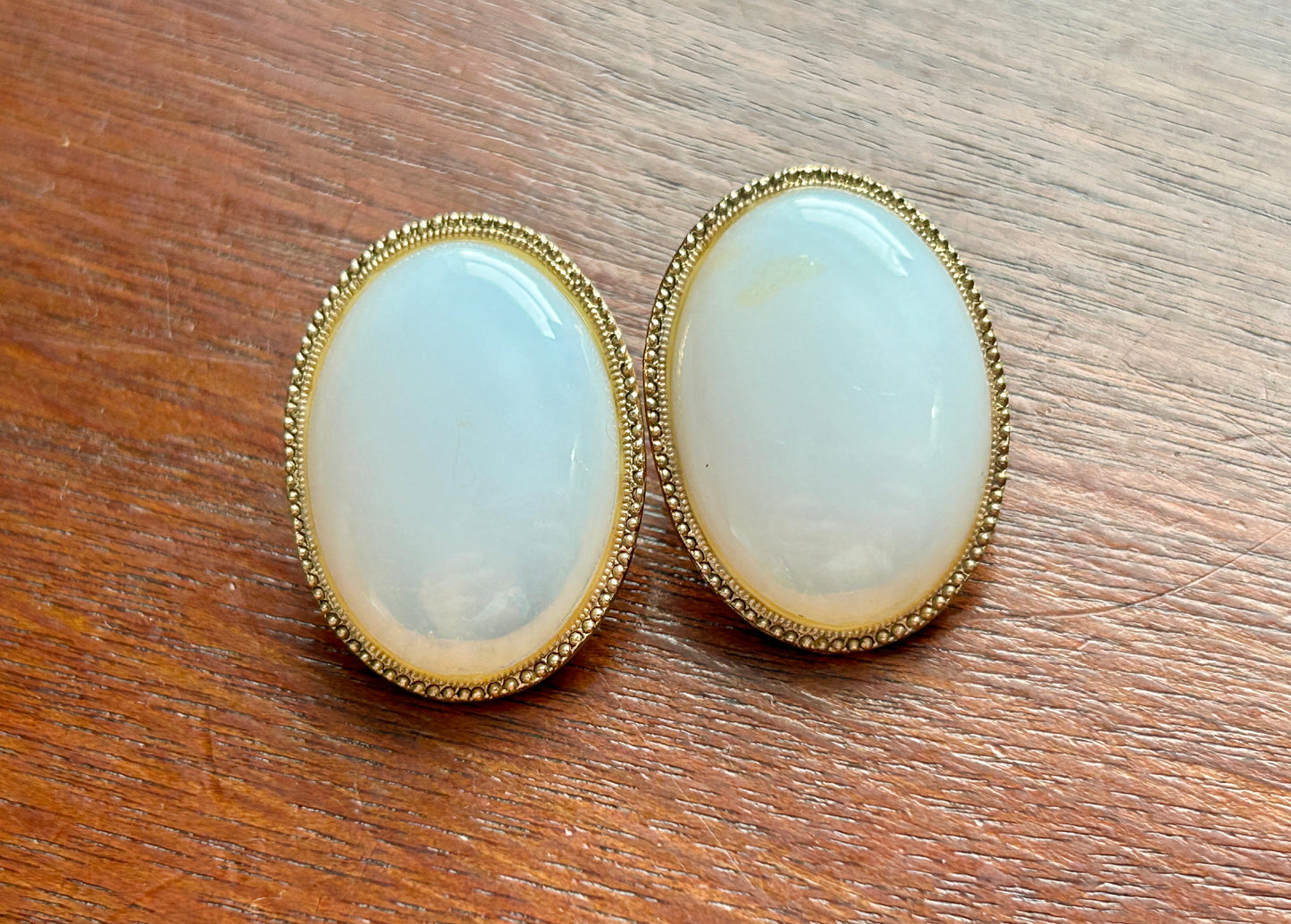 Vintage Gold Tone Milky Glass Moonstone Cabochon Pierced Earrings