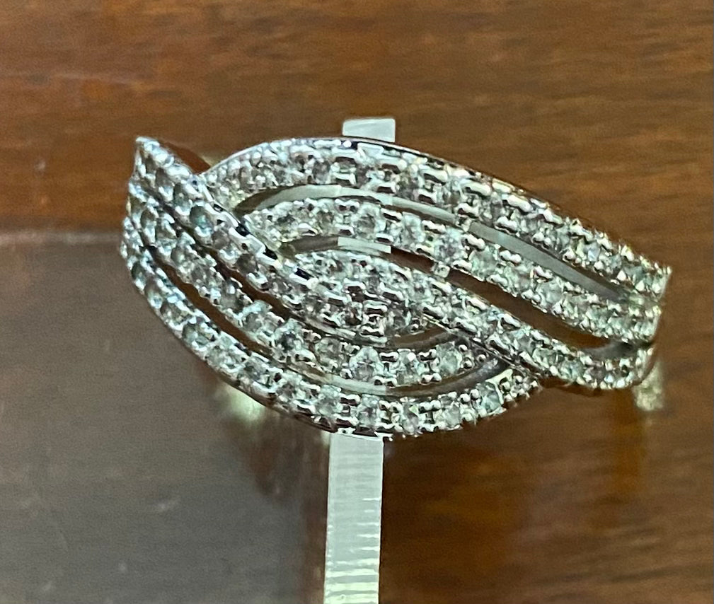 Sterling Silver 925 Rhinestone Pave Bypass Wave Style Ring Sz 10