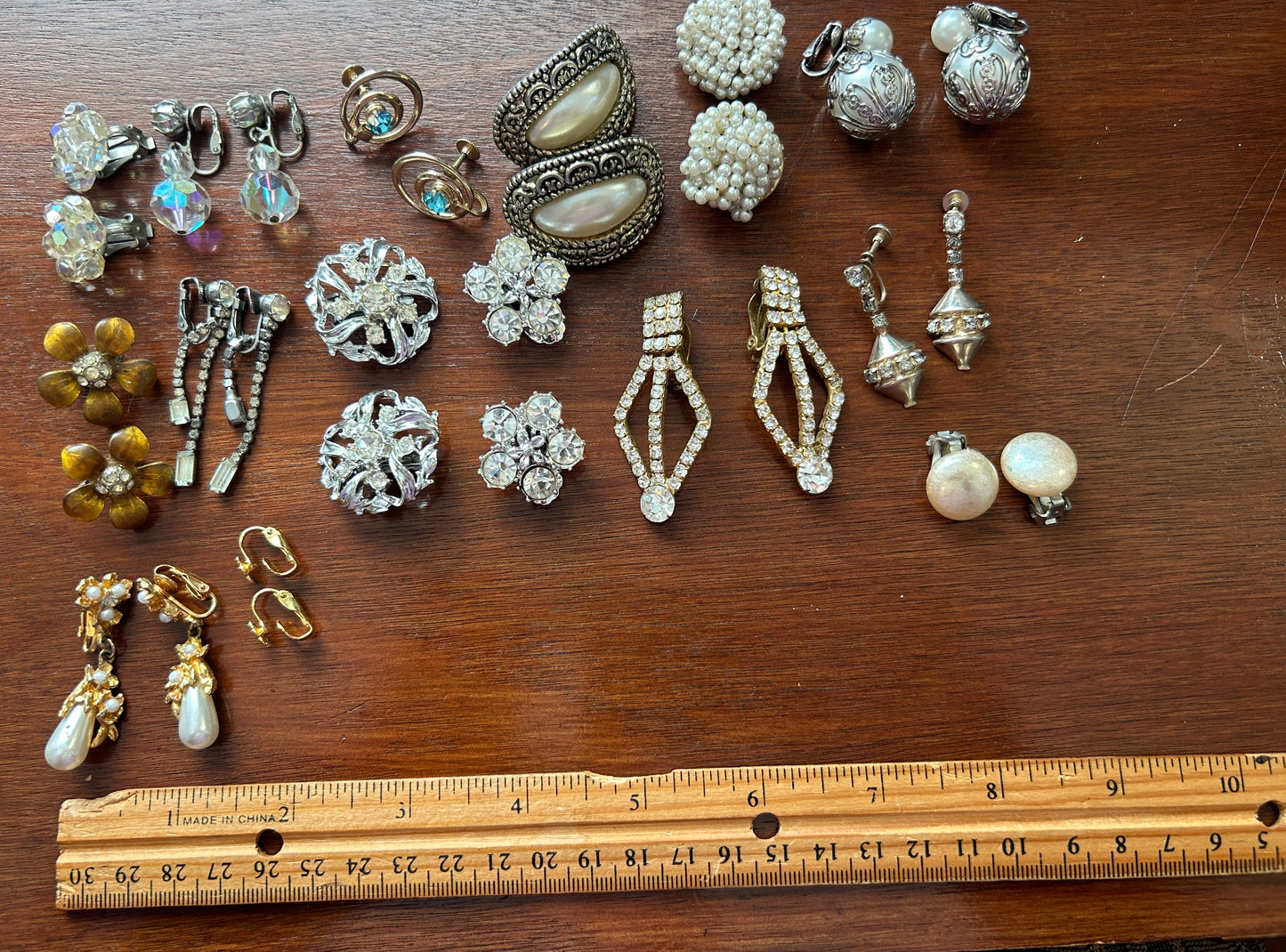 Vintage Clip On Earrings Earring Lot Rhinestone Aurora Borealis AB Glass Pearl