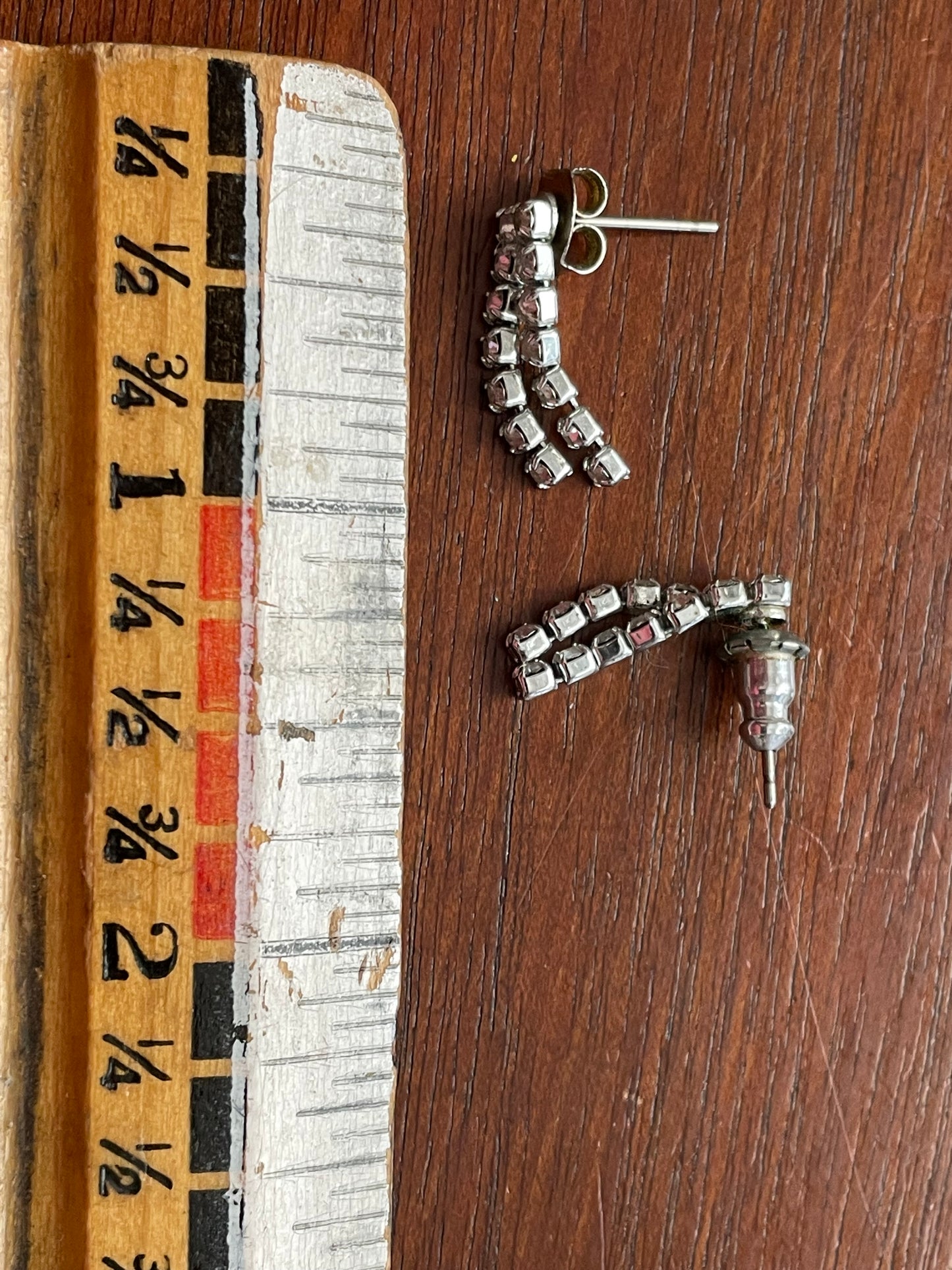 Vintage Silver Tone Dangle Earrings Clear Rhinestone Post Back