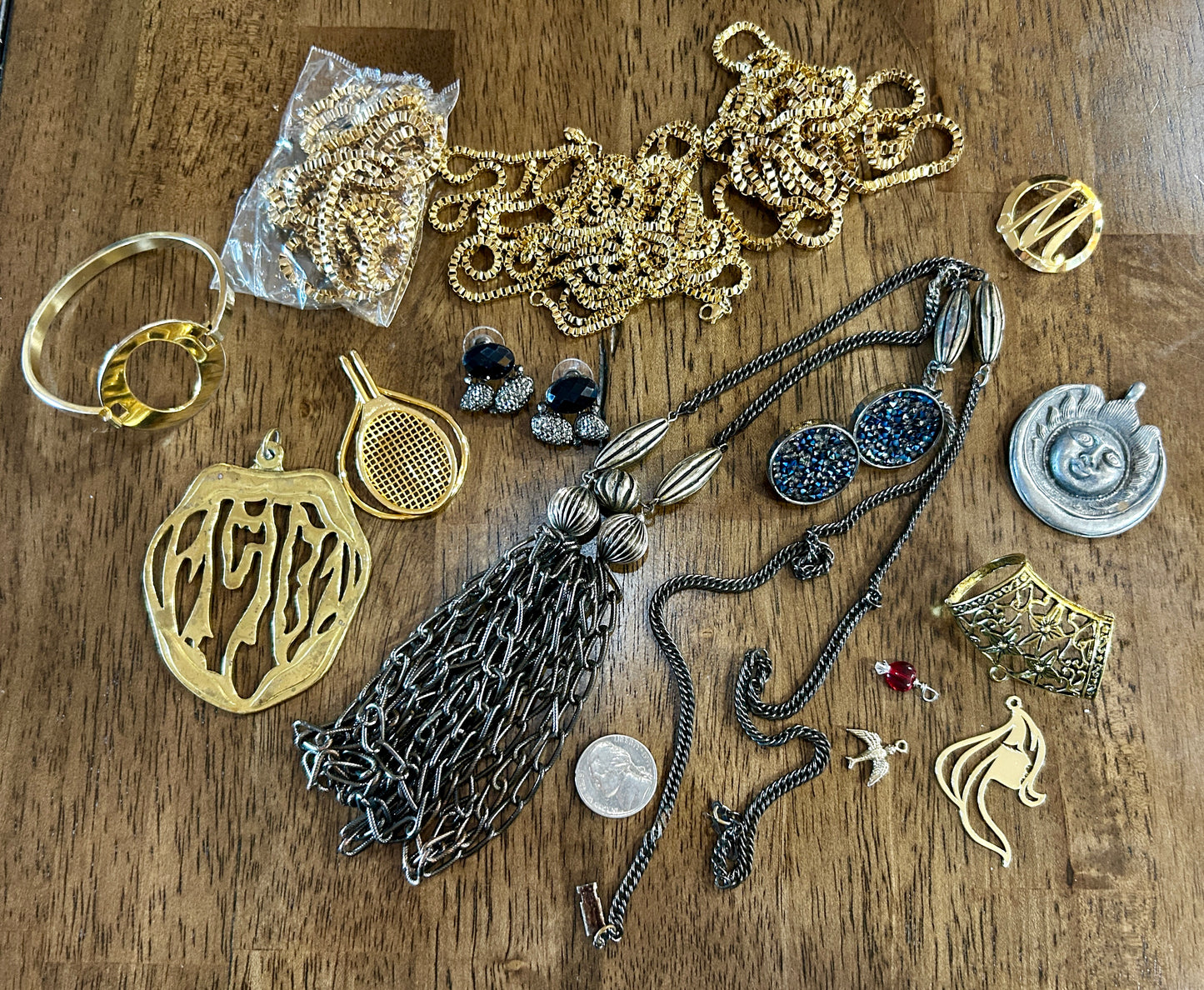 Vintage to Now Modern Gold Silver Tone Jewelry Lot Chains Tassel Brooch Pendants