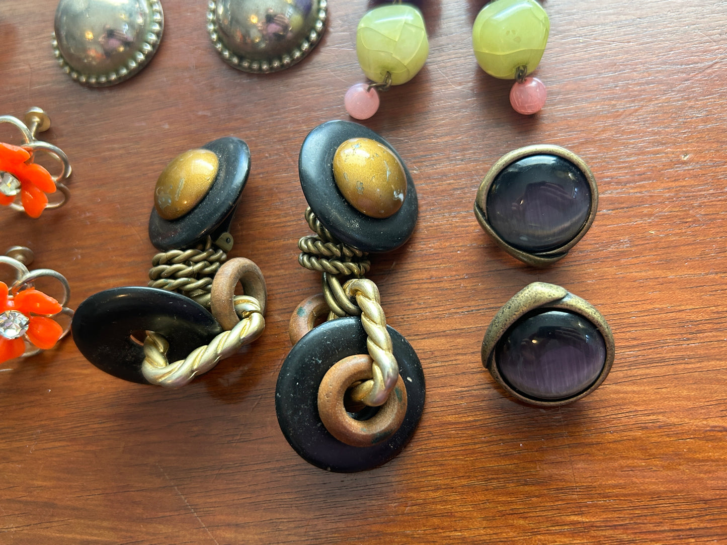 Vintage Clip On Earring Lot Doorknocker Silver Gold Boho Cabochon Wood Bead