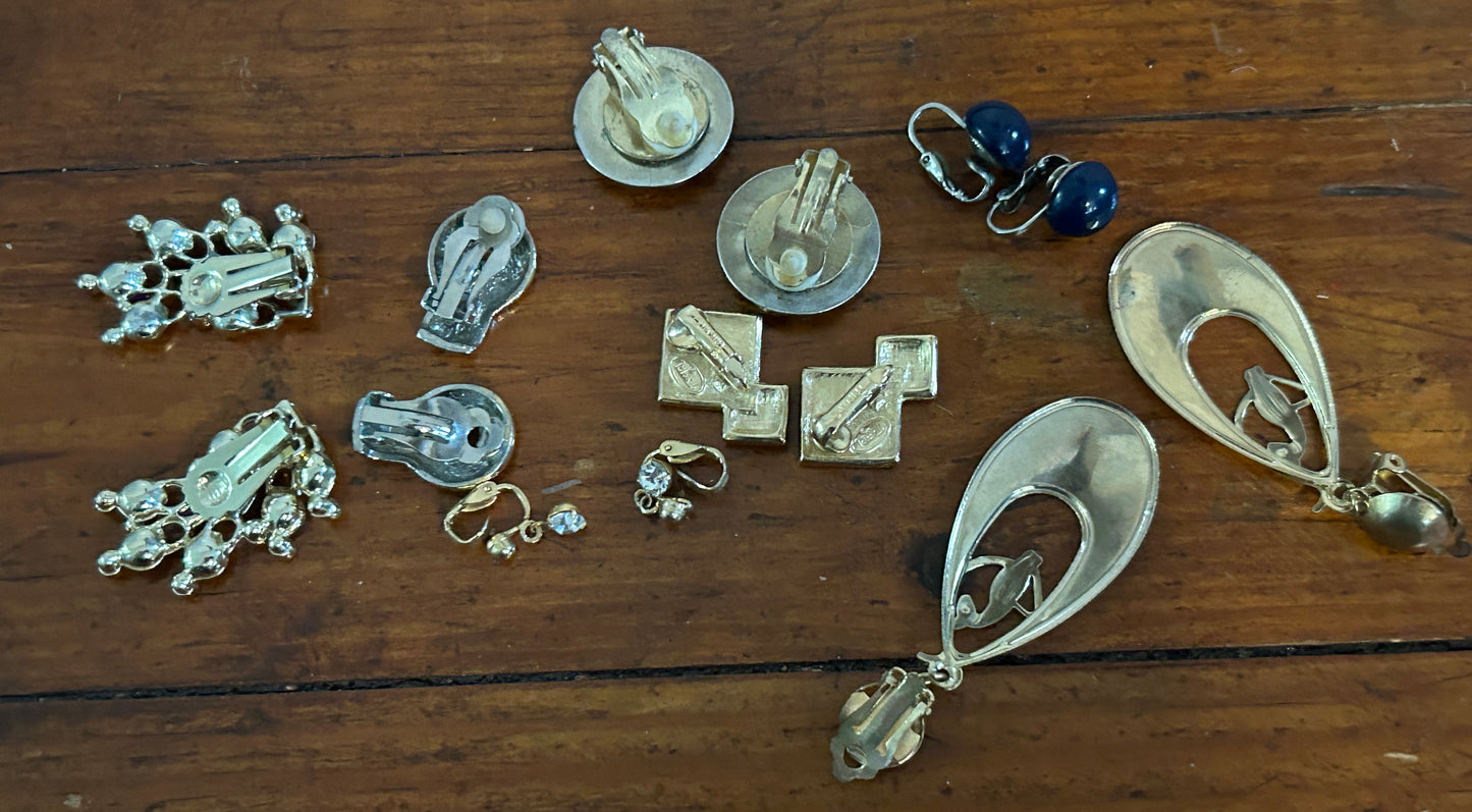 Vintage Clip on Earring Lot AB Rhinestone Gold Silver Tone Dangly