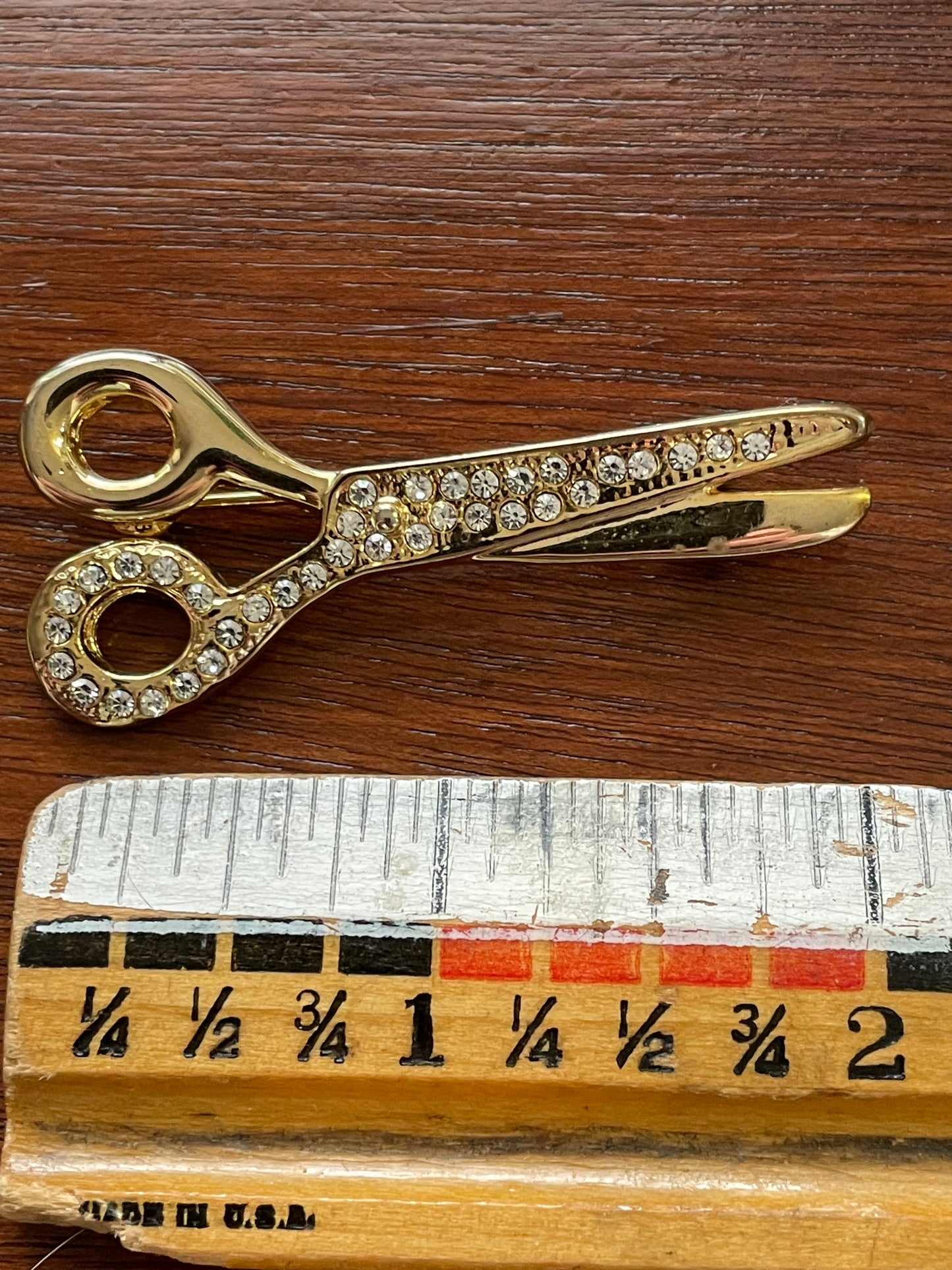 Vintage Gold Tone Rhinestones Scissors Brooch Pin