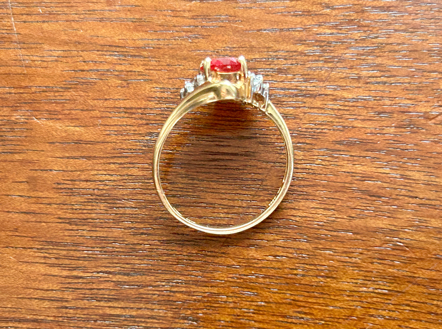 10k Yellow Gold Simulated Oval Ruby Diamond Accent Ring Sz 6.75
