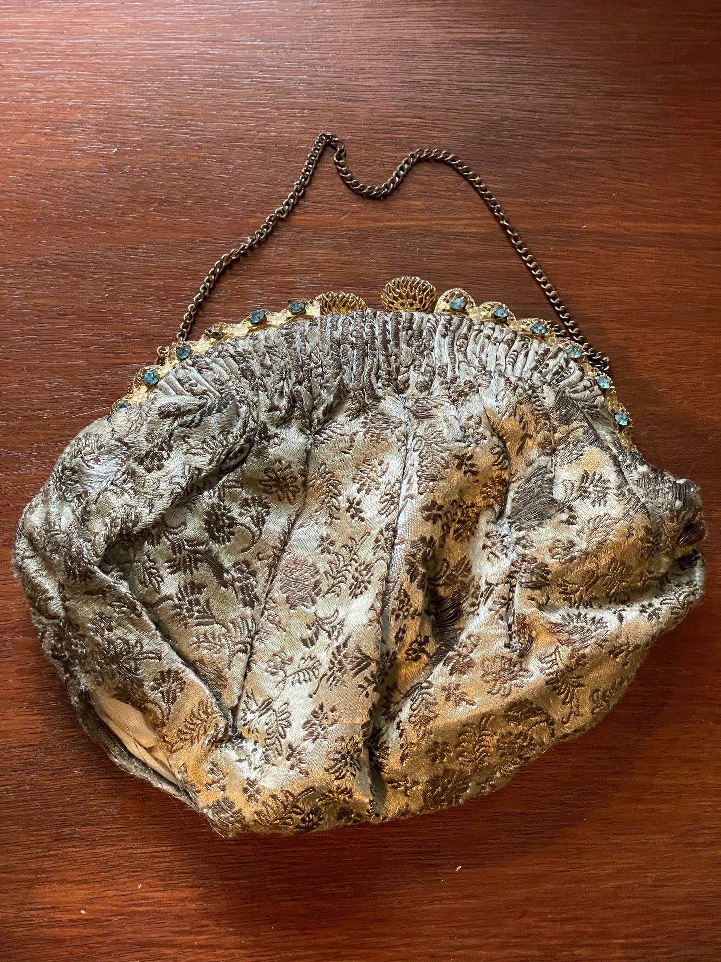 Vintage Silver Embroidered Clutch Purse Gold Tone Jeweled Clasp