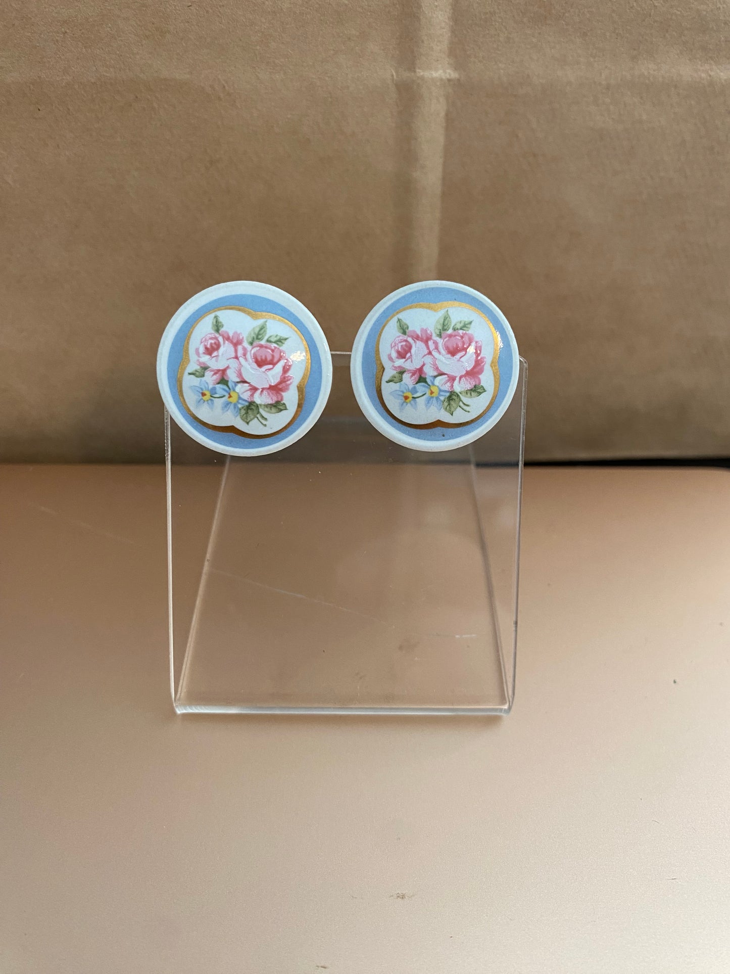 Vintage Plastic Hand Painted Pink Flower Pierced Earrings