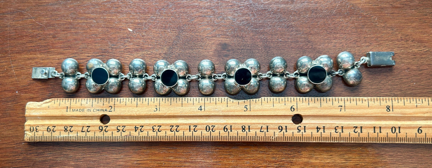 Vintage Sterling Silver 925 Taxco TM-21 Puffy Link Onxy Bracelet