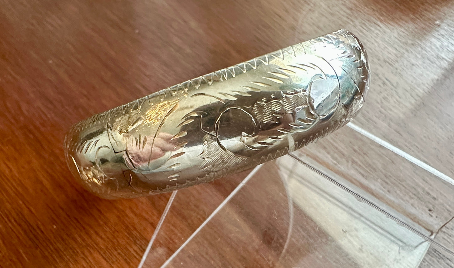 Vintage Sterling Silver 925 Puffy Domed Etched Bangle Bracelet Hinged Wide