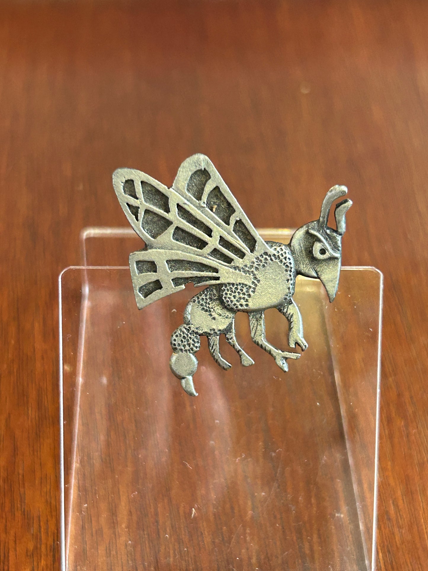 Vintage Signed Metzke Hornet Pewter Tone Pin Brooch