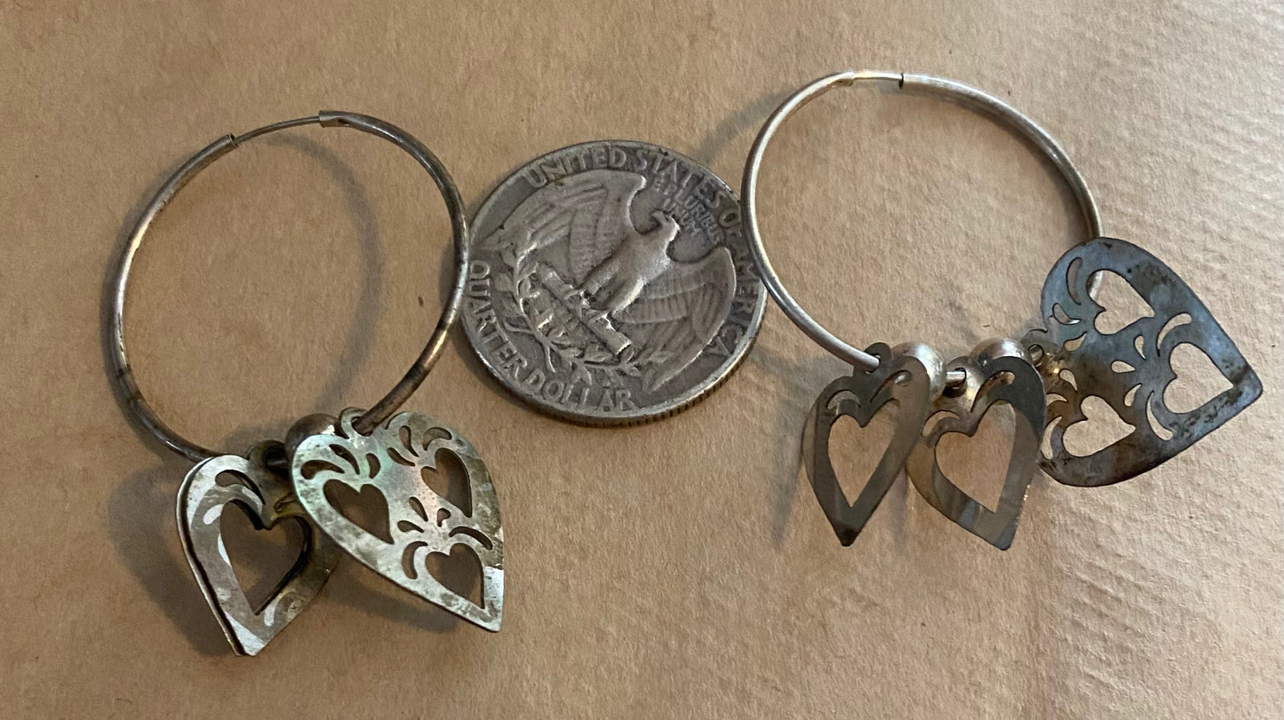 Sterling Silver 925 Heart Charm Cutout Large Hoop Earrings Pierced