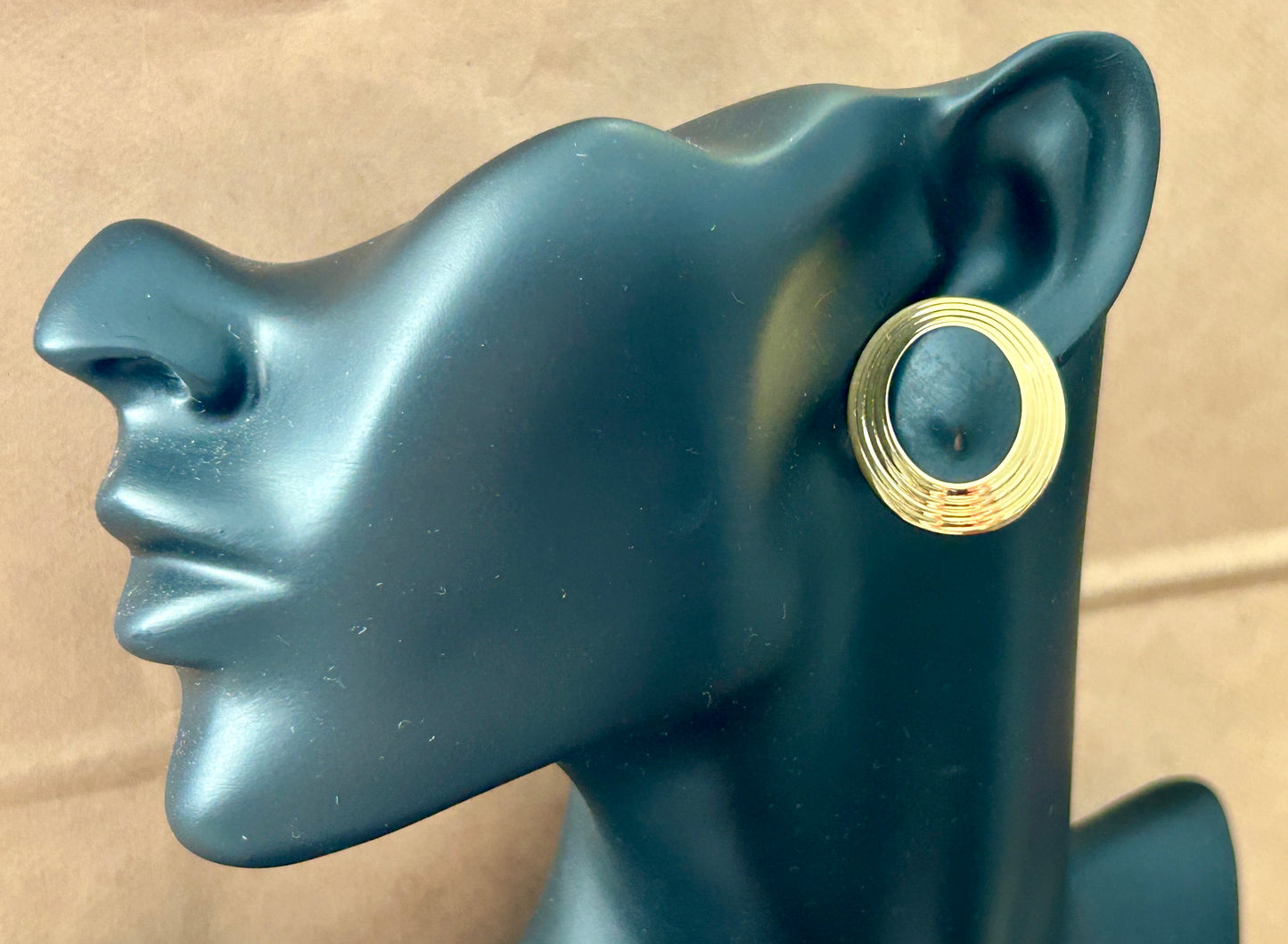 Vintage 80s Gold Tone Oval Black Pierced Earrings