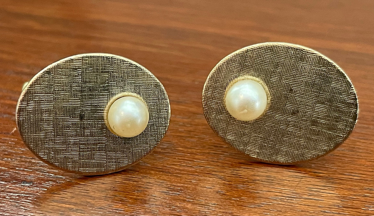 Vintage Gold Tone MCM Midcentury Mens Brushed Gold Tone Cuff Links Tie Clip