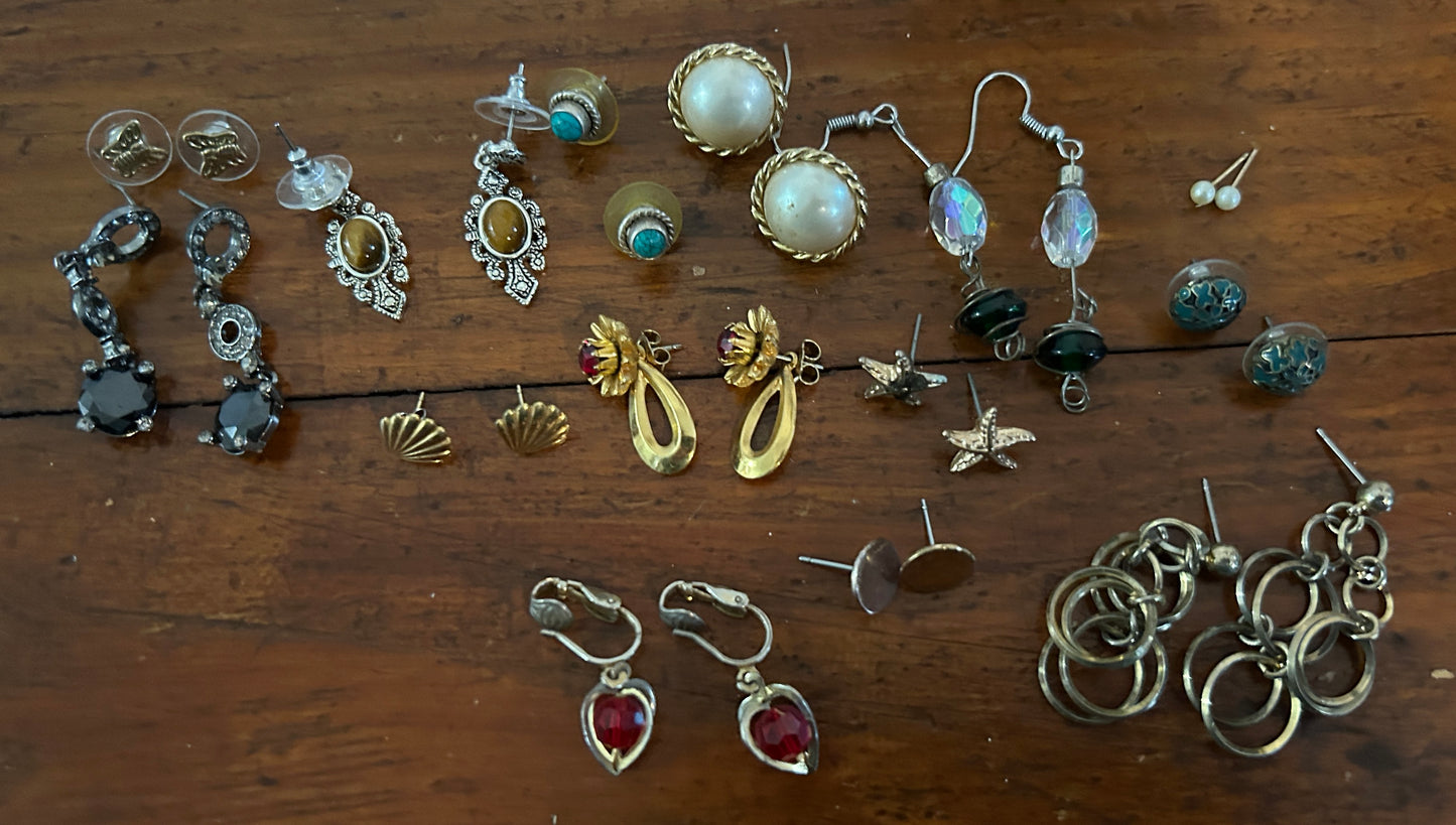 Cute Lot of Vintage to Now Earrings Pierced Tiger Eye Turquoise AB Shell Enamel
