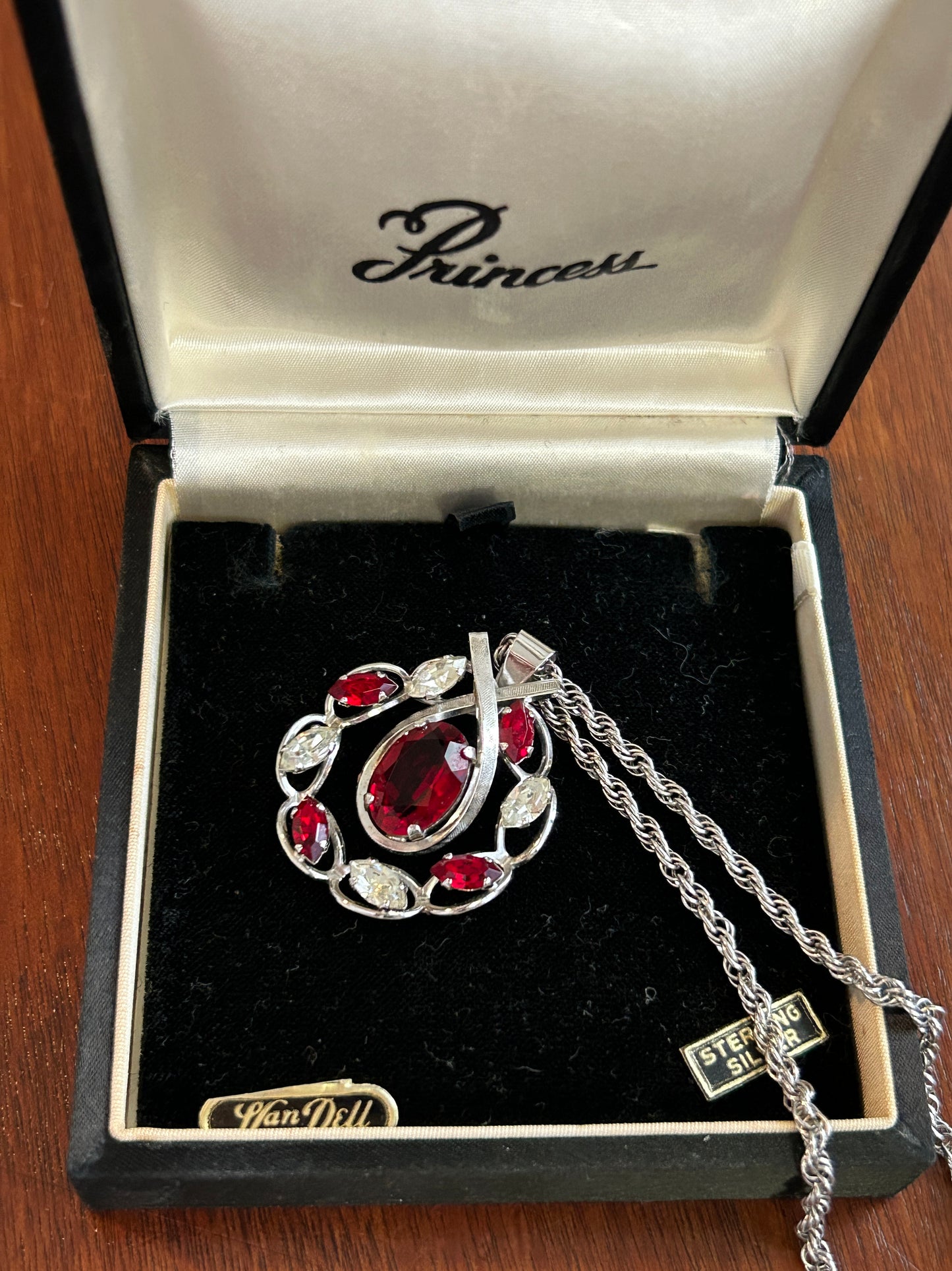 Vintage Van Dell Sterling Silver 925 Pear Marquise Red Rhinestone Pendant Necklace