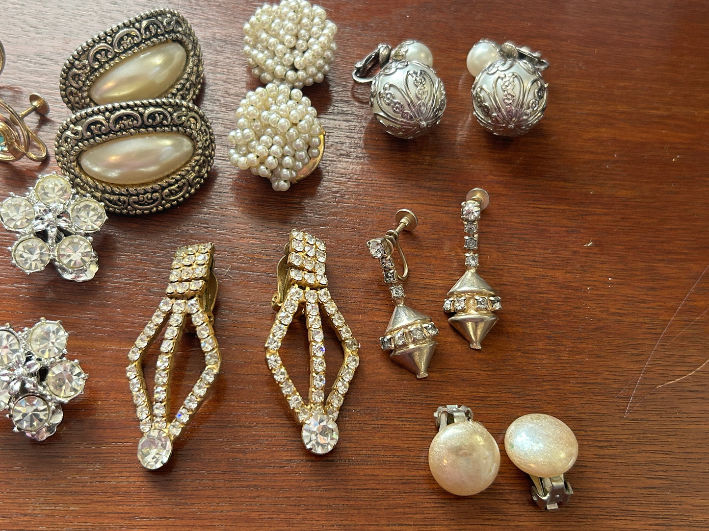 Vintage Clip On Earrings Earring Lot Rhinestone Aurora Borealis AB Glass Pearl