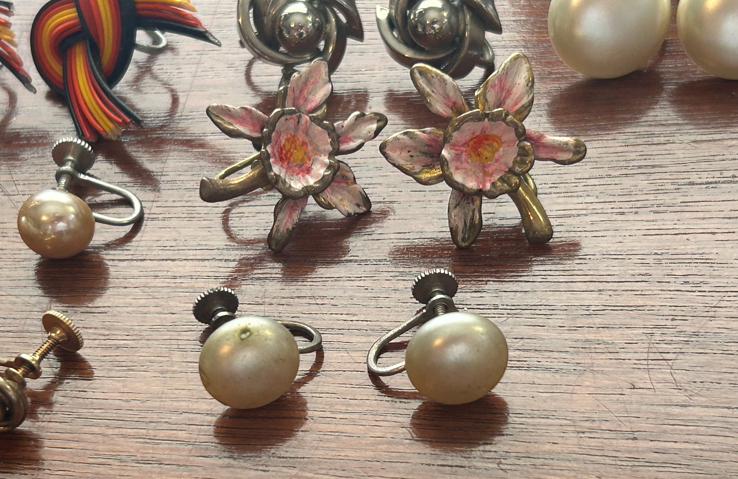 Vintage Screwback Earrings Earring Lot Enamel Silver Gold Tone Faux Pearl