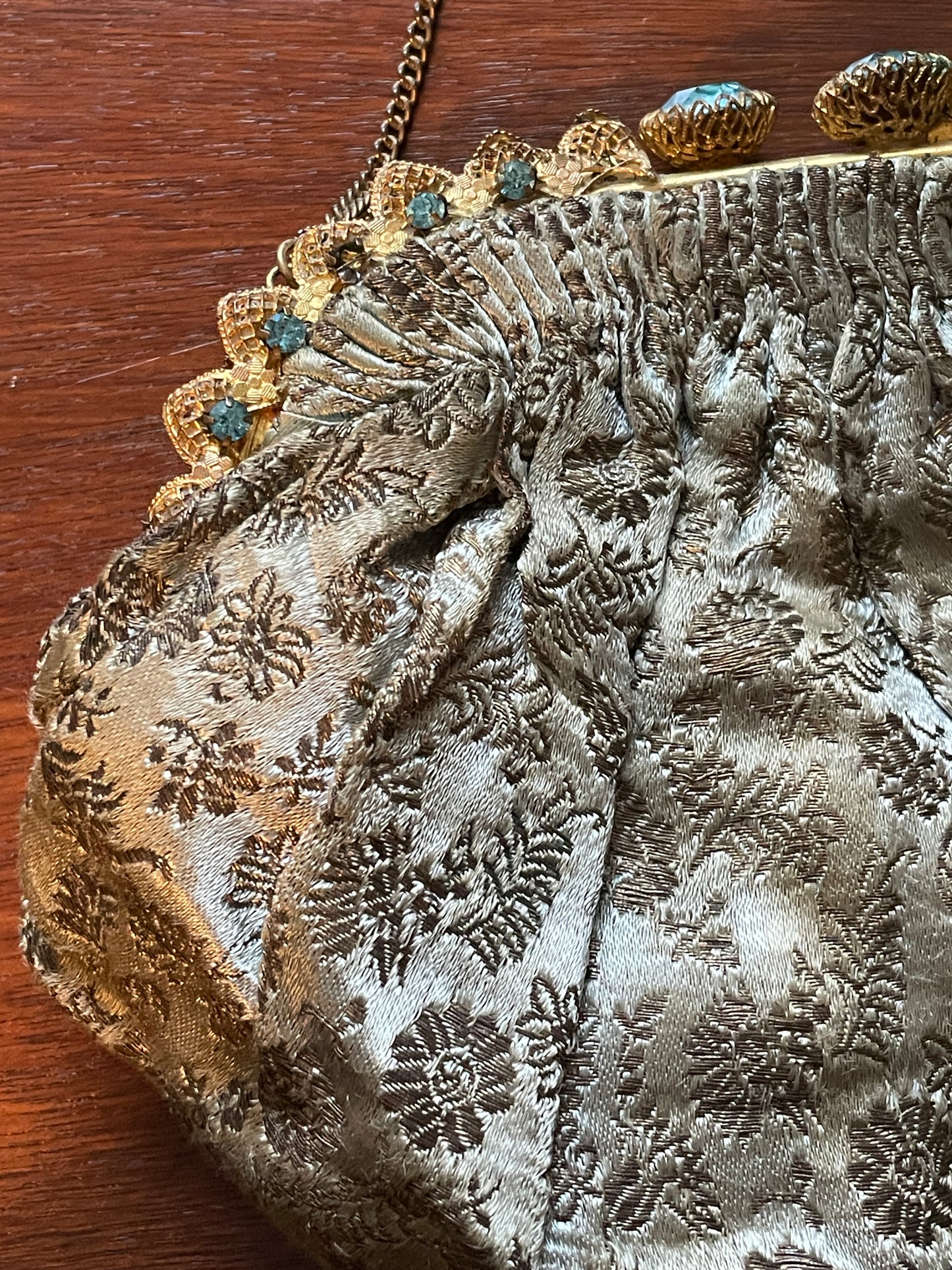 Vintage Silver Embroidered Clutch Purse Gold Tone Jeweled Clasp