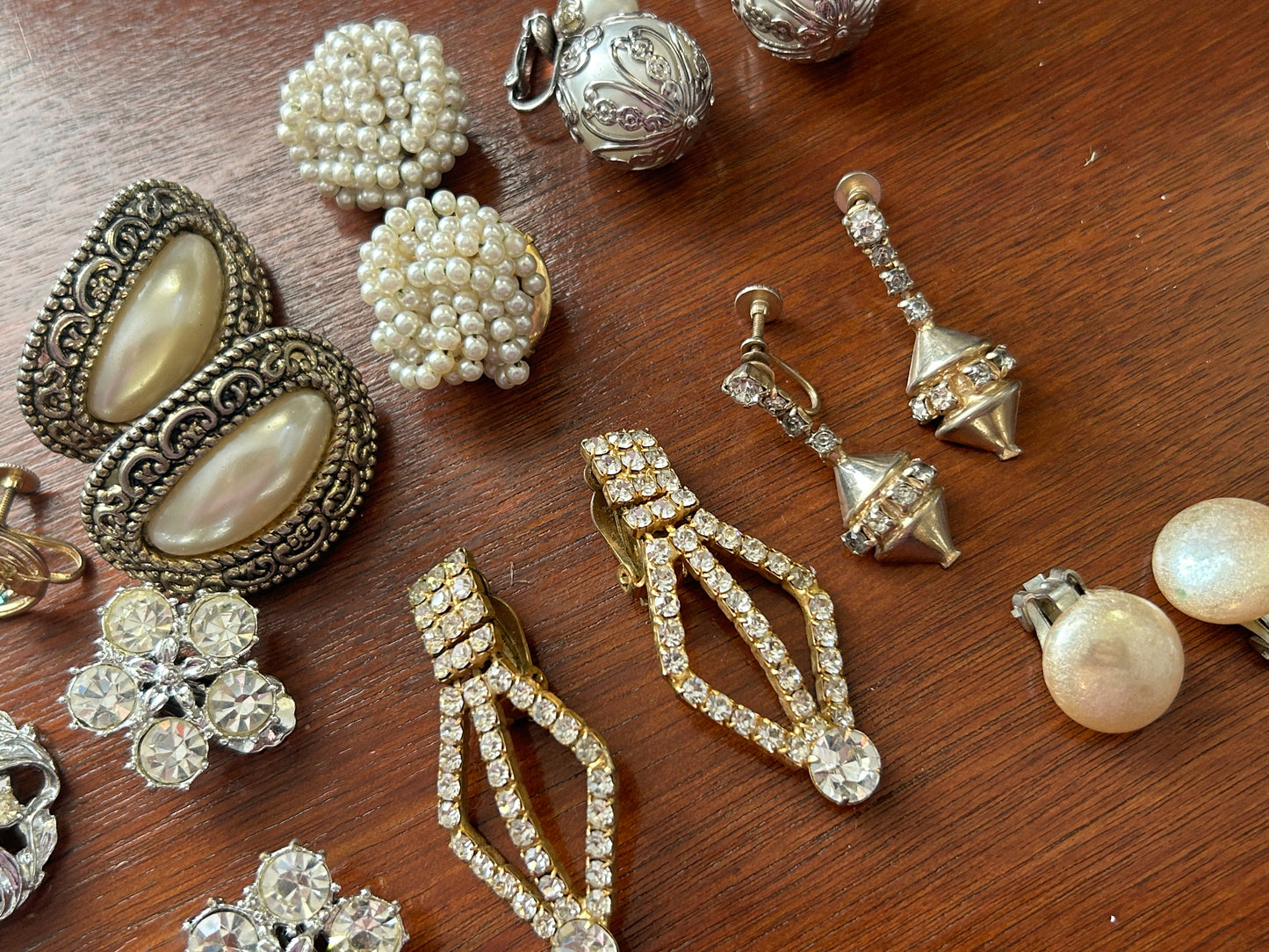 Vintage Clip On Earrings Earring Lot Rhinestone Aurora Borealis AB Glass Pearl