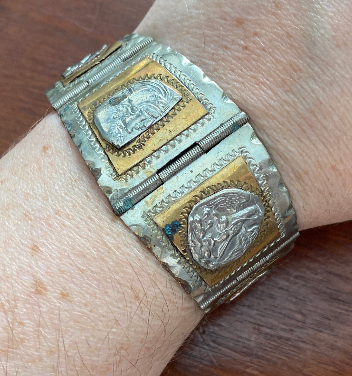 Vintage Taxco Sterling Silver 925 Brass Aztec Panel Bracelet