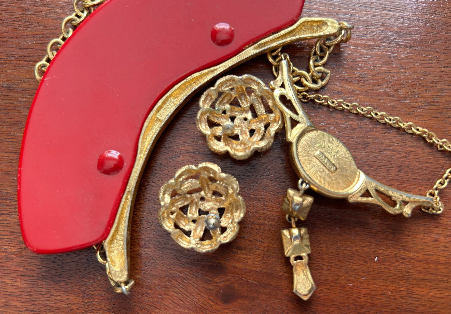 Vintage Signed Monet Jewelry Lot Necklace Earrings Gold Tone Rhinestone Red