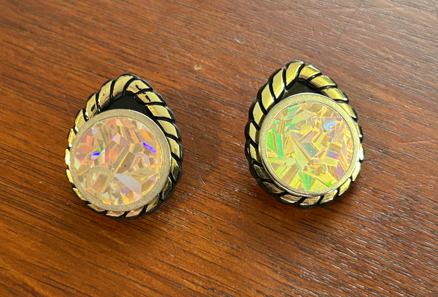 Vintage Magnetic Plastic Disco Disc Black Gold Pierced Earrings