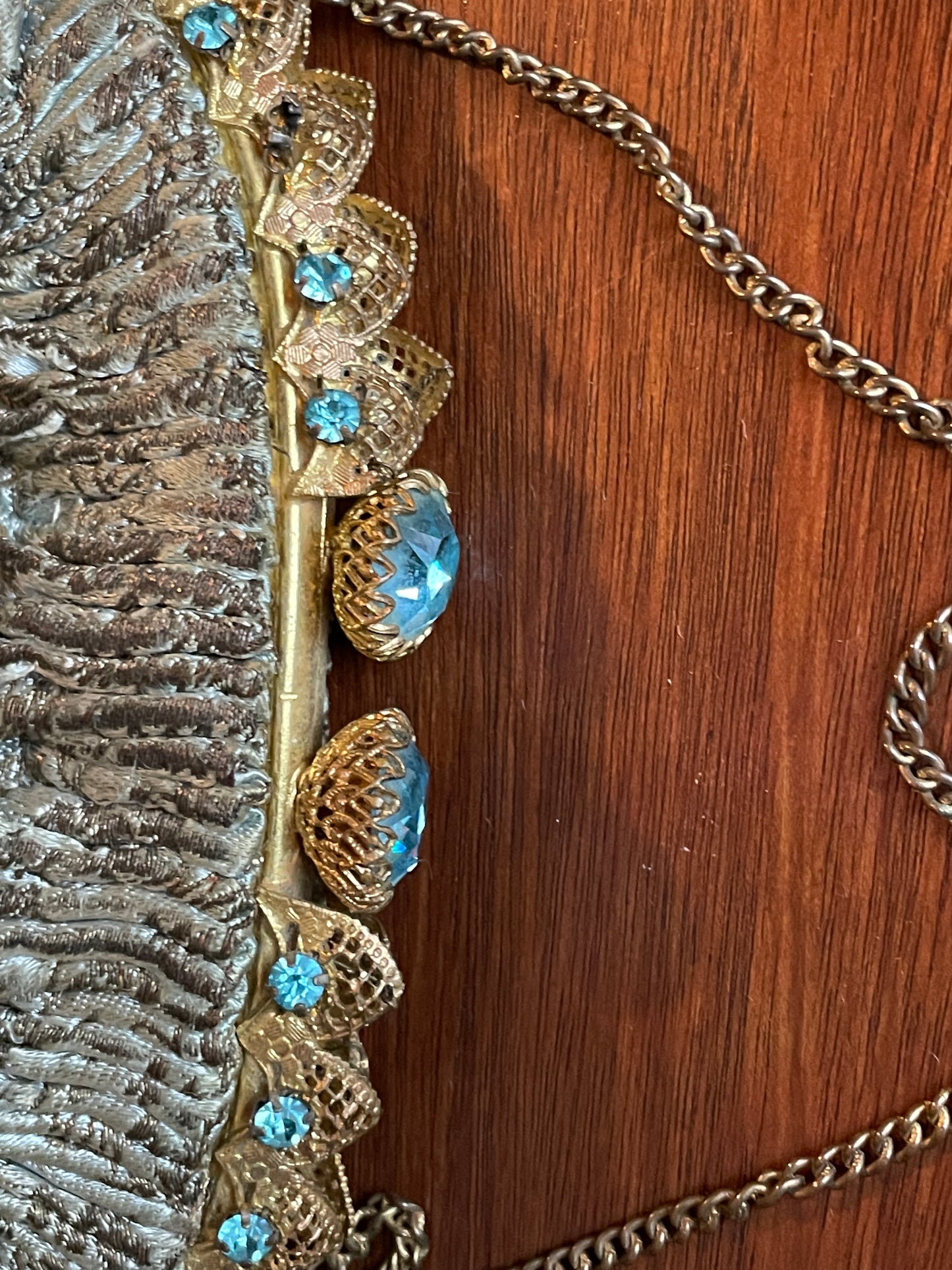Vintage Silver Embroidered Clutch Purse Gold Tone Jeweled Clasp