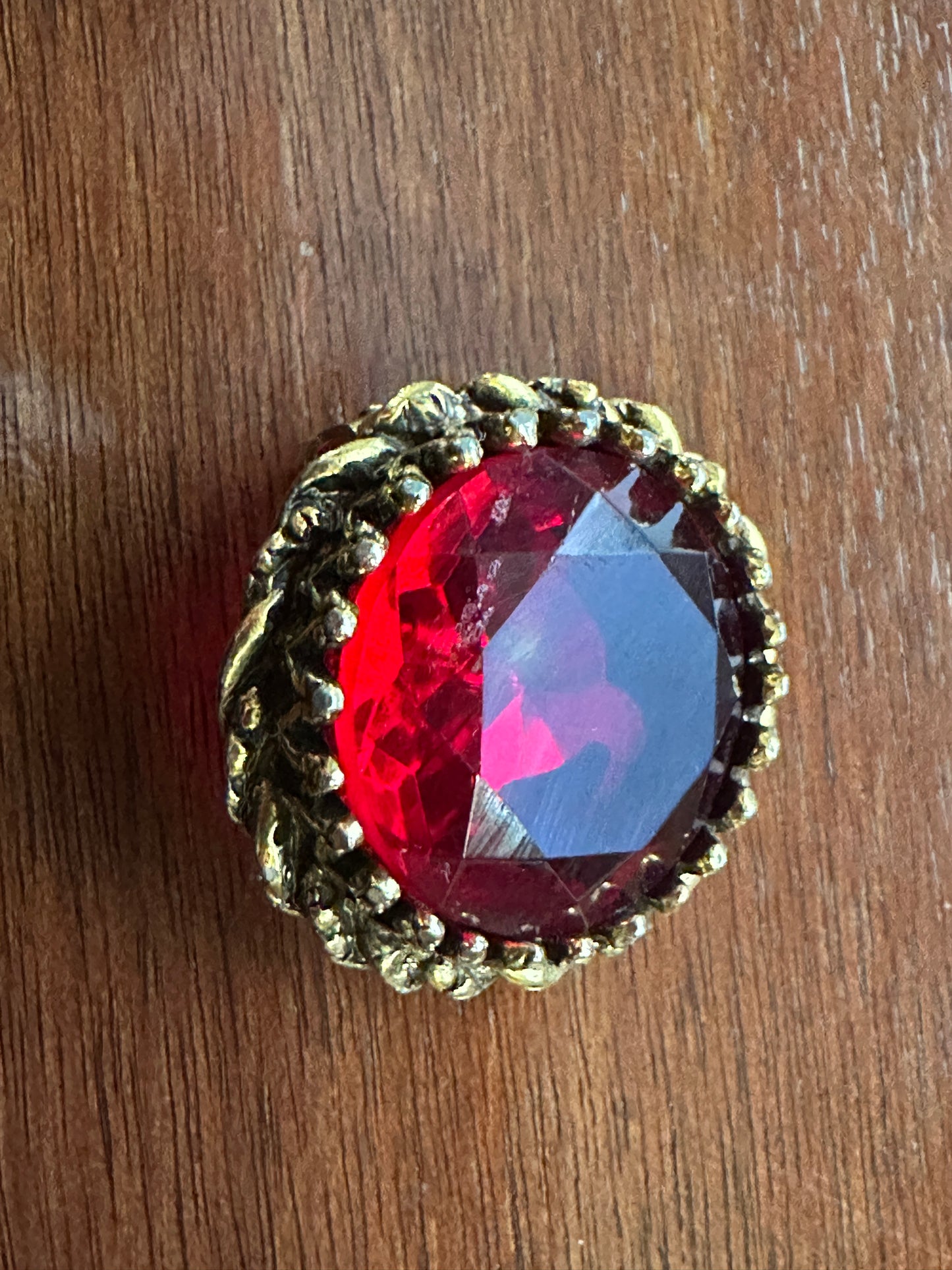 Vintage Gold Tone Red Glass Open Bezel Jewelry Set Bracelet Clip on Earrings