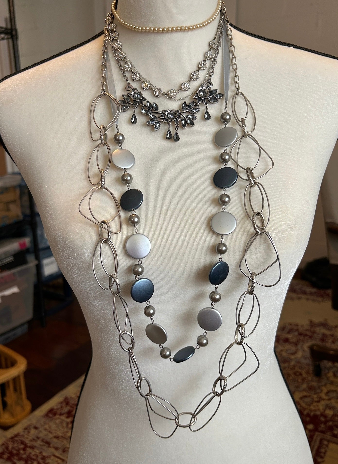 Lot of Vintage to Now Silver Tone Chain Necklaces Faux Pearl Gray