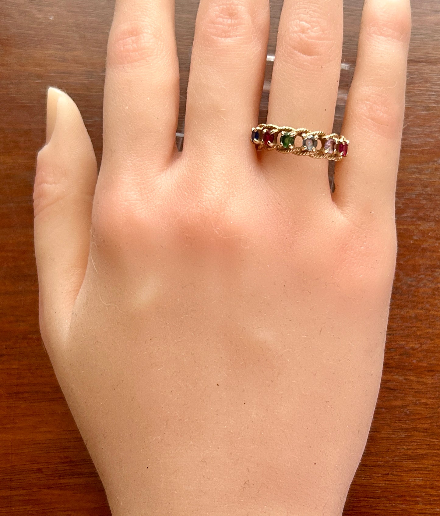 Vintage 10k Yellow Gold Multicolor Gemstone Rope Motif Band Ring Sz 8