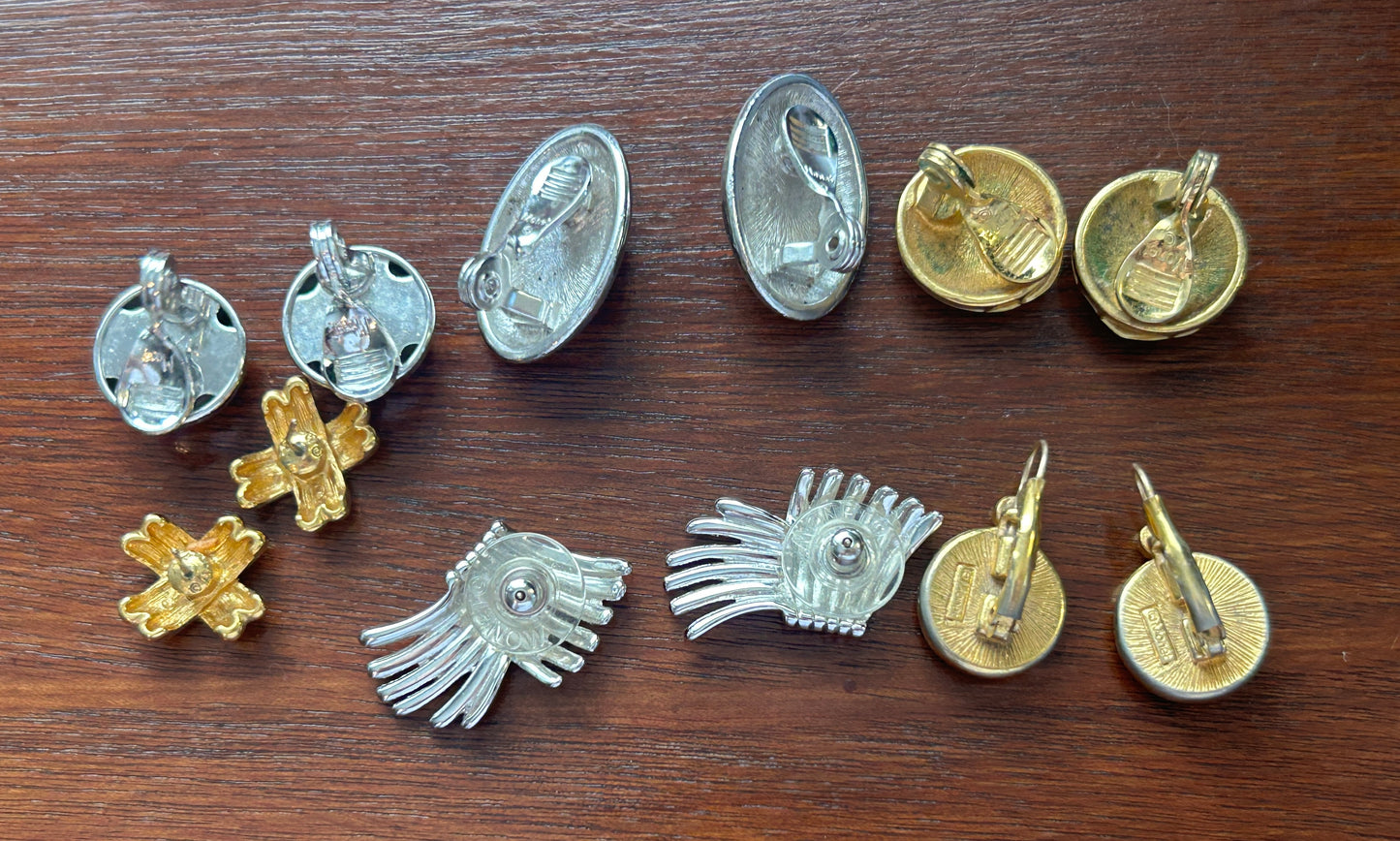 Vintage Lot of Monet Singed 80's Earrings Cabochon Silver Gold Tone X Pattern