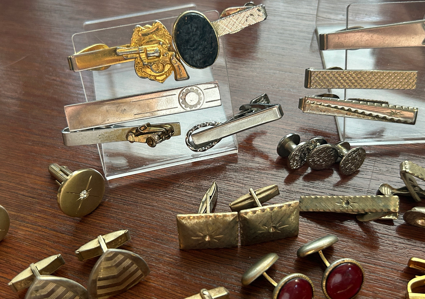 Vintage Cufflinks Tie Clip Tie Tack Gold Silver Tone Rhinestone Midcentury MCM