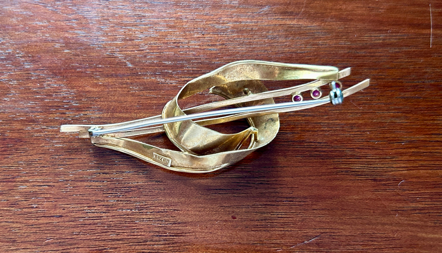 Vintage Antique 18k (750) Carl Bucherer Ruby Modernist Modern Large Brooch Pin