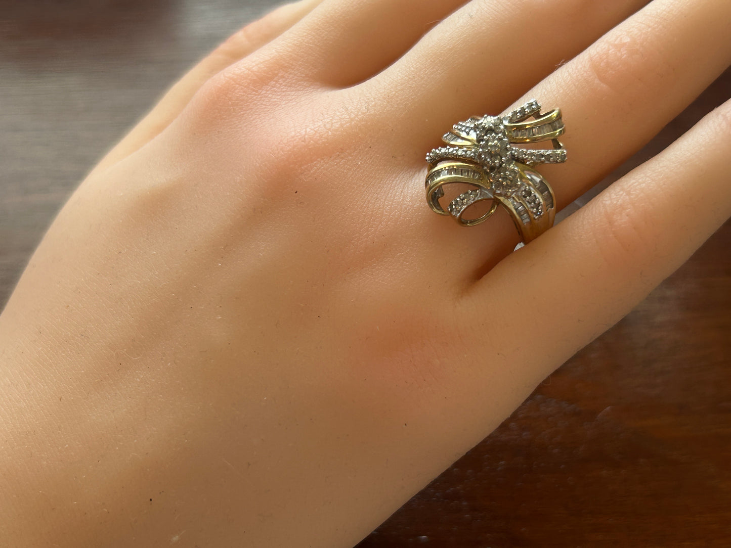 10k Yellow Gold Baguette Round .44ctw Diamond Ribbon Bow Ring Sz 7