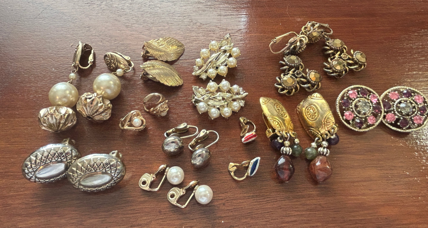 Vintage Clip On Earrings Earring Lot Rhinestone Gold Tone Fax Pearl & More