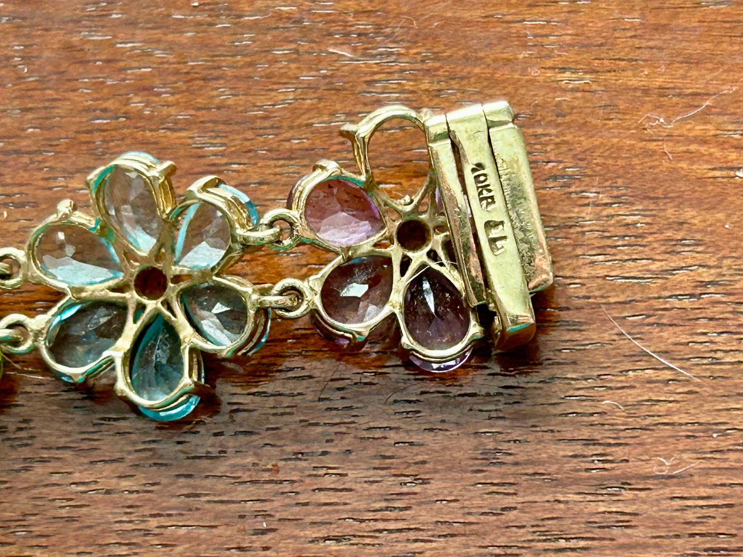 10k Yellow Gold Multicolor Gemstone Flower Tennis Bracelet MISSING STONES