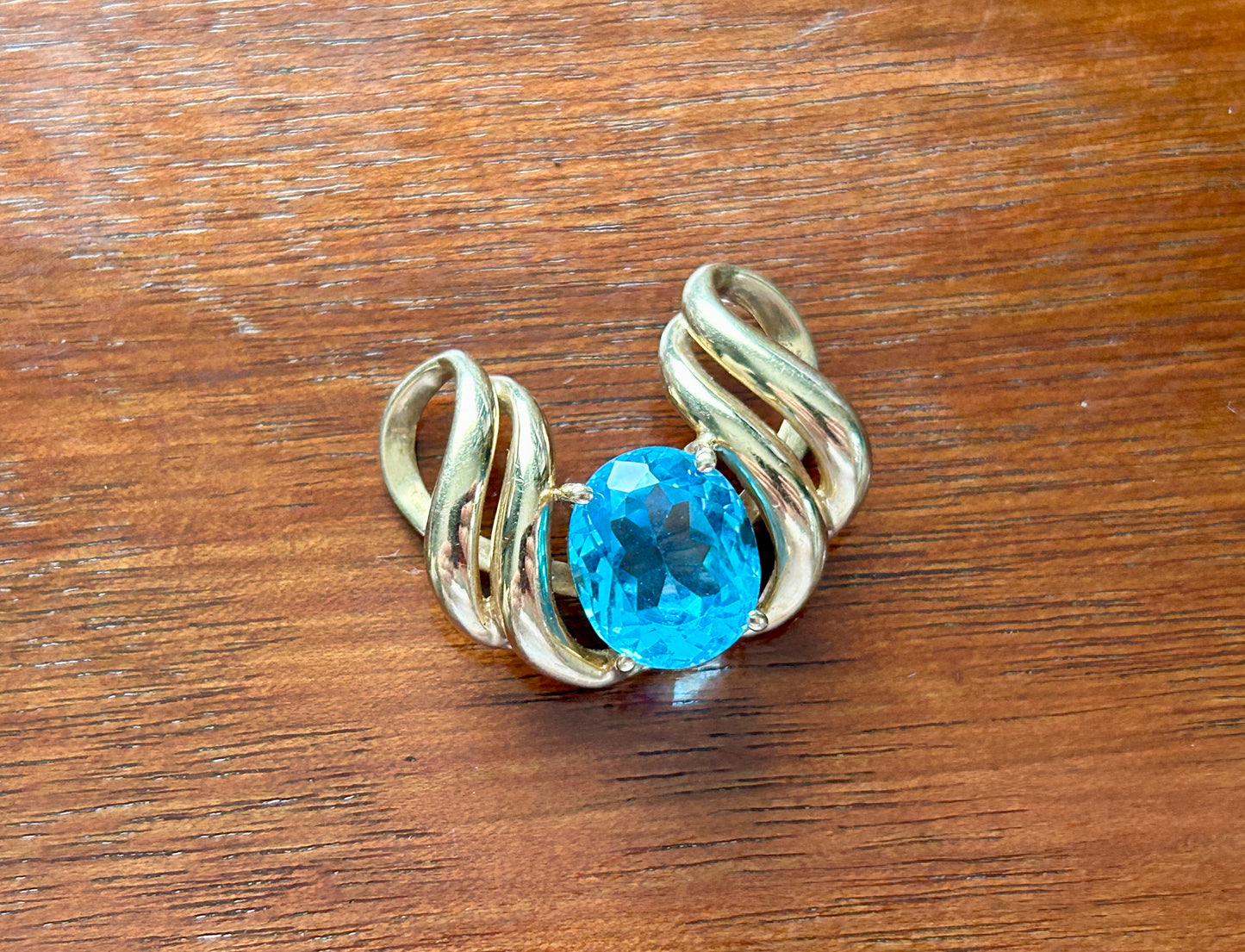 10k Yellow Gold Large Faceted Blue Topaz Slide Omega Necklace Pendant