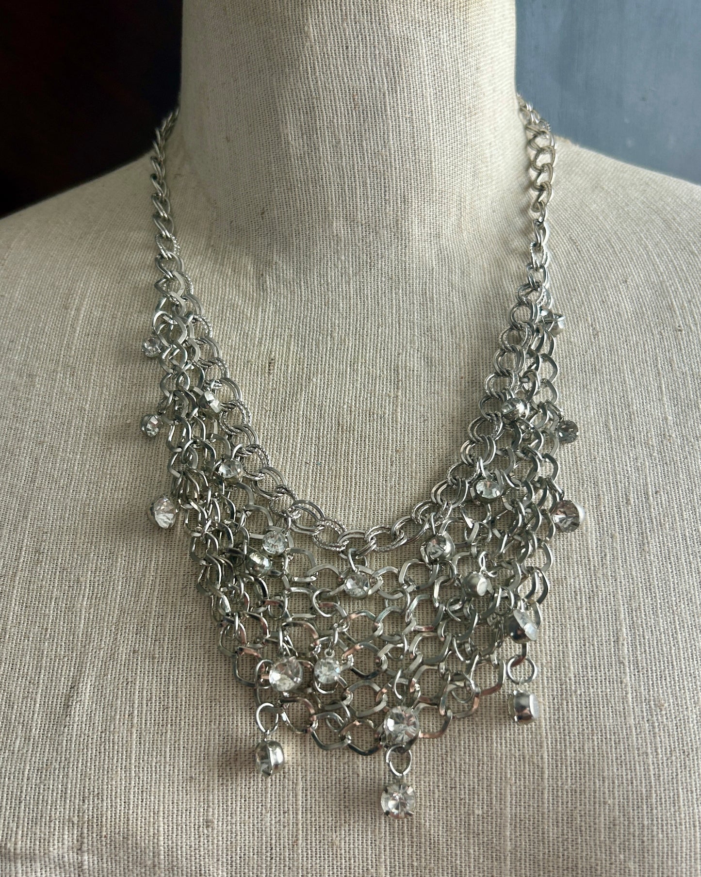 Silver Tone Chain Bib Necklace Rhinestone Adjustable