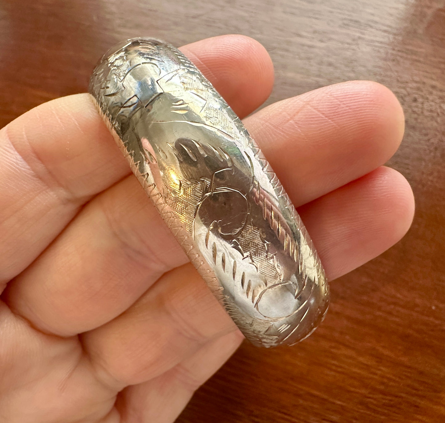 Vintage Sterling Silver 925 Puffy Domed Etched Bangle Bracelet Hinged Wide