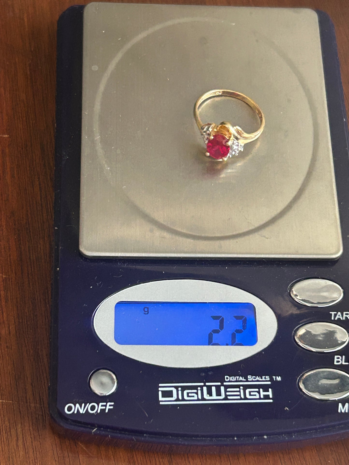 10k Yellow Gold Simulated Oval Ruby Diamond Accent Ring Sz 6.75