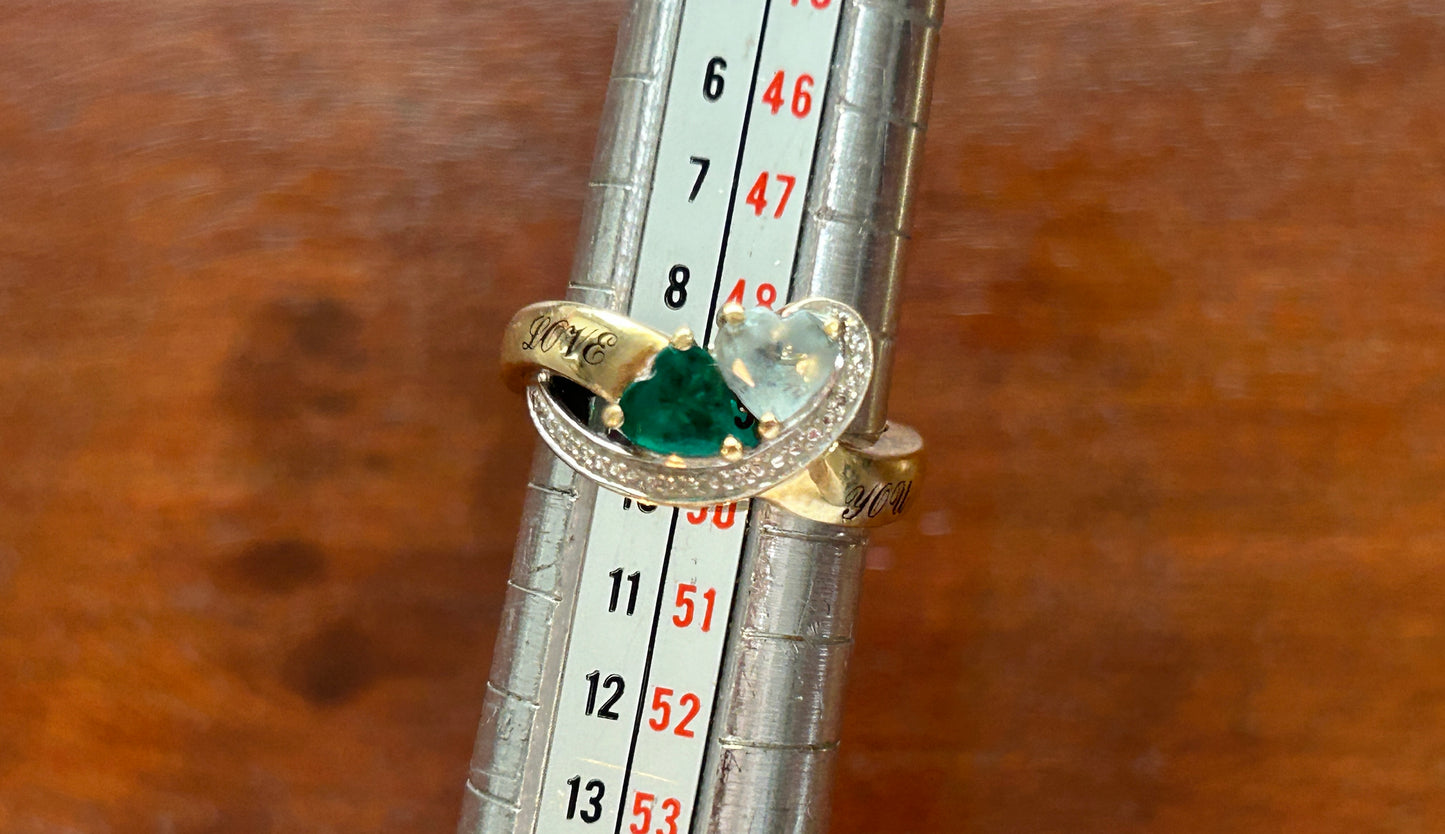 10k Yellow Gold Simulated Heart Shaped Aquamarine Emerald 'Love You' Ring Sz