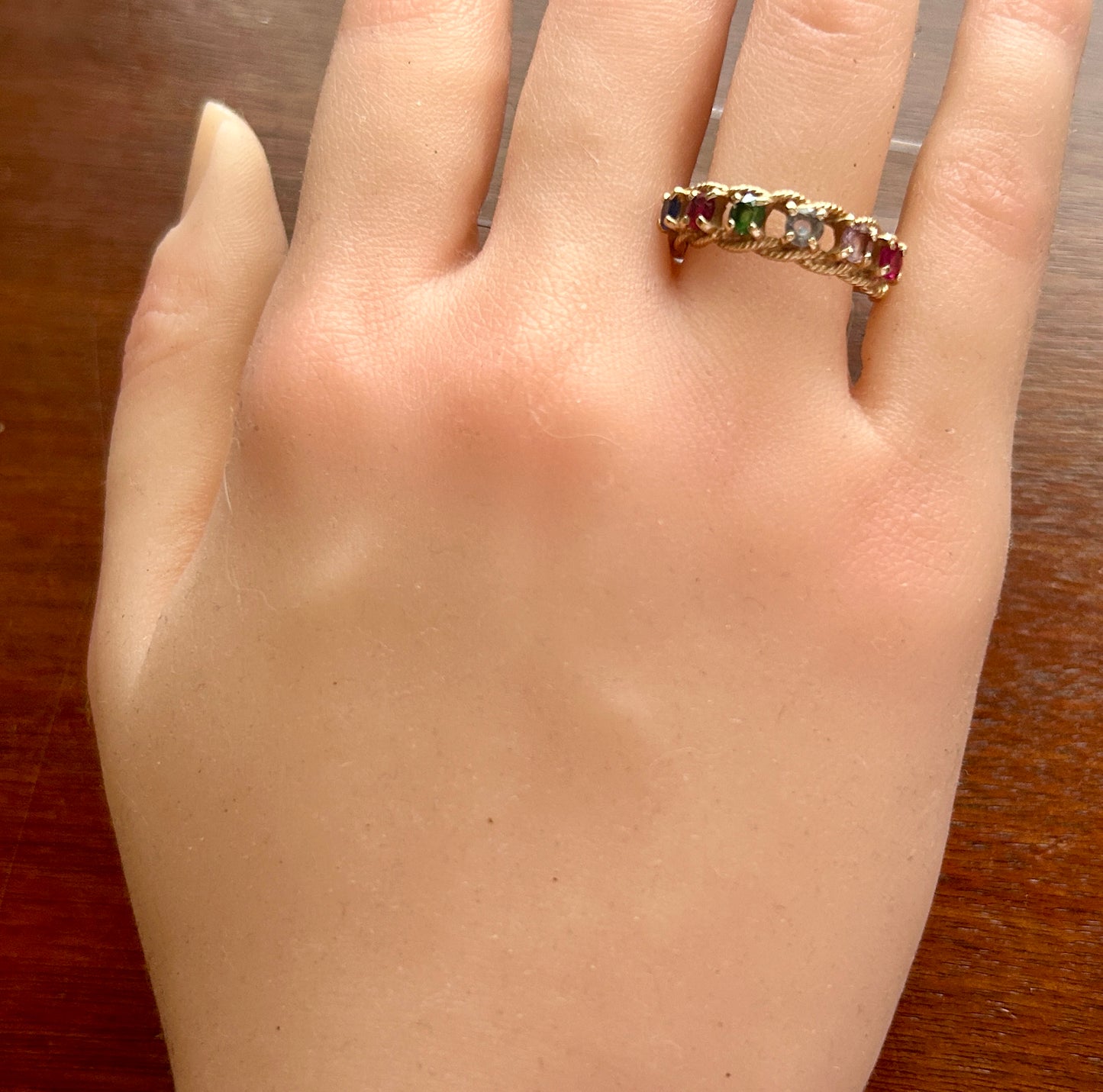 Vintage 10k Yellow Gold Multicolor Gemstone Rope Motif Band Ring Sz 8