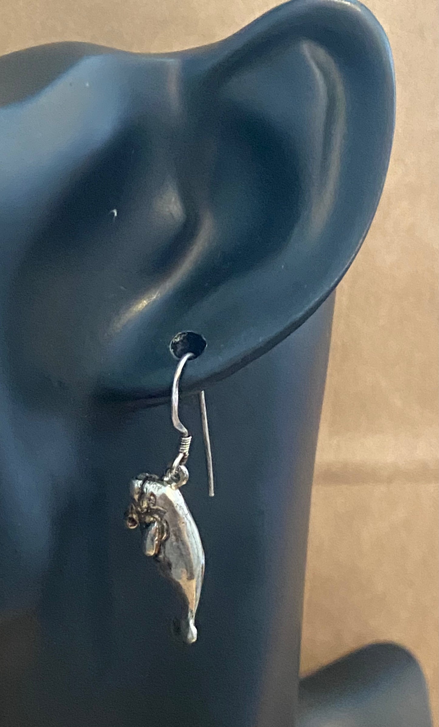 Sterling Silver 925 Manatee Pierced Dangly Drop Earrings