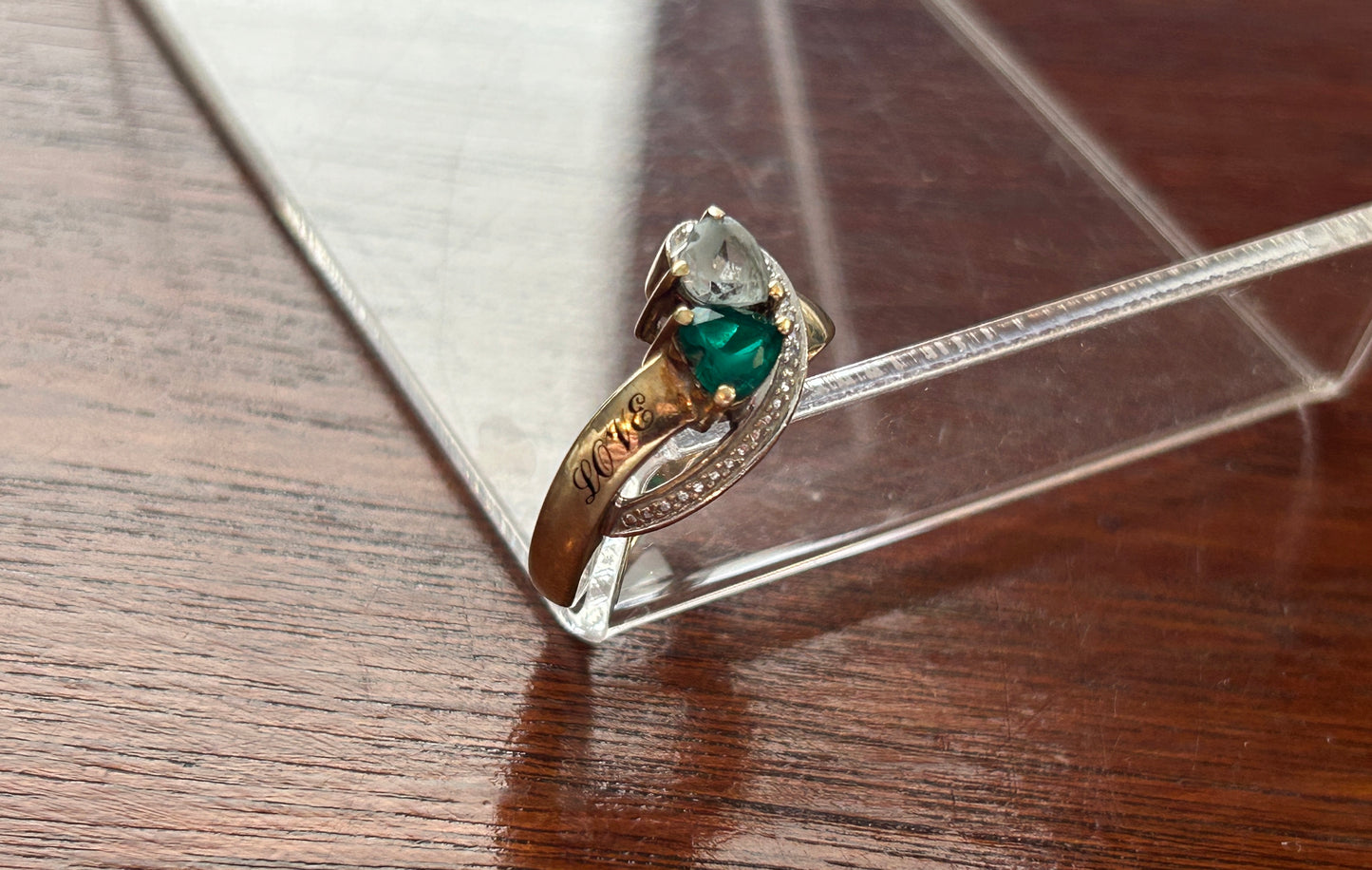 10k Yellow Gold Simulated Heart Shaped Aquamarine Emerald 'Love You' Ring Sz